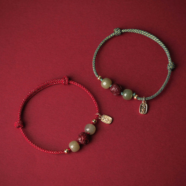 Buddha Stones 14K Gold Plated Hetian Jade Cinnabar Lotus Luck Handcrafted Rope Bracelet Bracelet BS 1