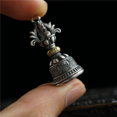 Buddha Stones Tibet 925 Sterling Silver Om Mani Padme Hum Dorje Bell Vajra Engraved Enlightenment Pendant Hanging Decoration