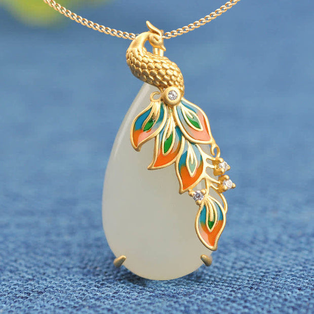 Buddha Stones White Jade Peacock Protection Necklace Chain Pendant Necklaces & Pendants BS 1