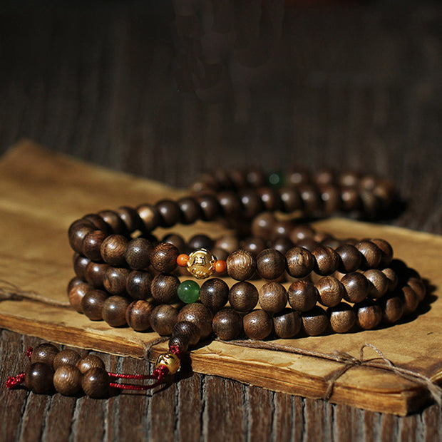 Buddha Stones 999 Gold 108 Mala Beads Kalimantan Agarwood Cyan Jade Six True Words Strength Bracelet Bracelet Mala BS 1