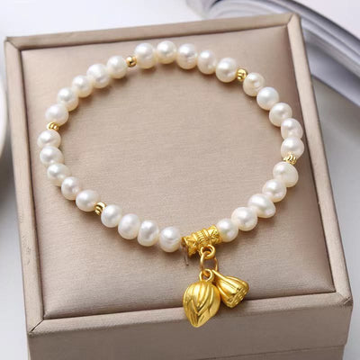 Buddha Stones 18K Gold Natural Pearl Lotus Flower Pod Wisdom Charm Bracelet Bracelet BS Pearl(Healing♥Wisdom)