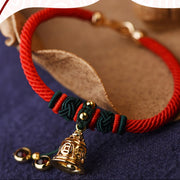Buddha Stones 14K Gold Plated Copper Coin Bell Garnet Handcrafted Red Rope Bracelet
