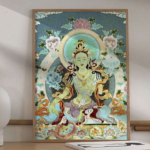 Buddha Stones Tibetan Silk Embroidery White Tara Thangka Tapestry Wall Hanging Wall Art Meditation for Home Decor Decorations BS 24*36 inches(60*90cm)