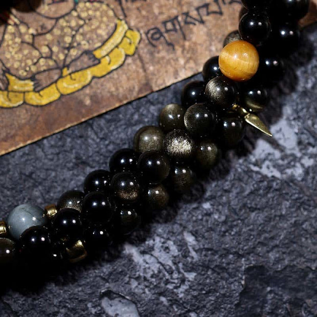 Buddha Stones 108 Mala Beads Gold Sheen Obsidian Tiger Eye Eagle's Eye Stone Wealth Bracelet Mala Bracelet BS 24