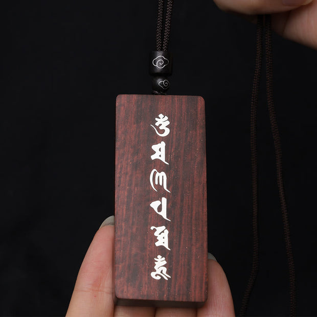 Buddha Stones 999 Sterling Silver Small Leaf Red Sandalwood Ebony Wood Om Mani Padme Hum Inlaid Protection Necklace Pendant