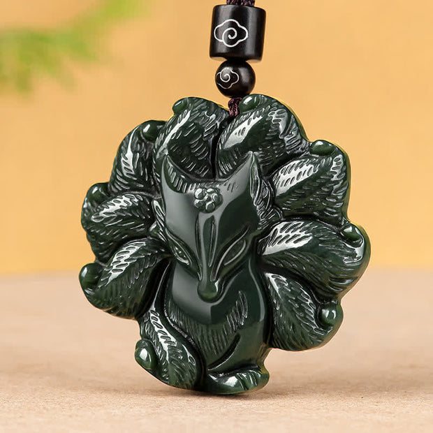 Buddha Stones Hetian Cyan Jade Nine Tailed Fox Luck Necklace String Pendant Necklaces & Pendants BS 7