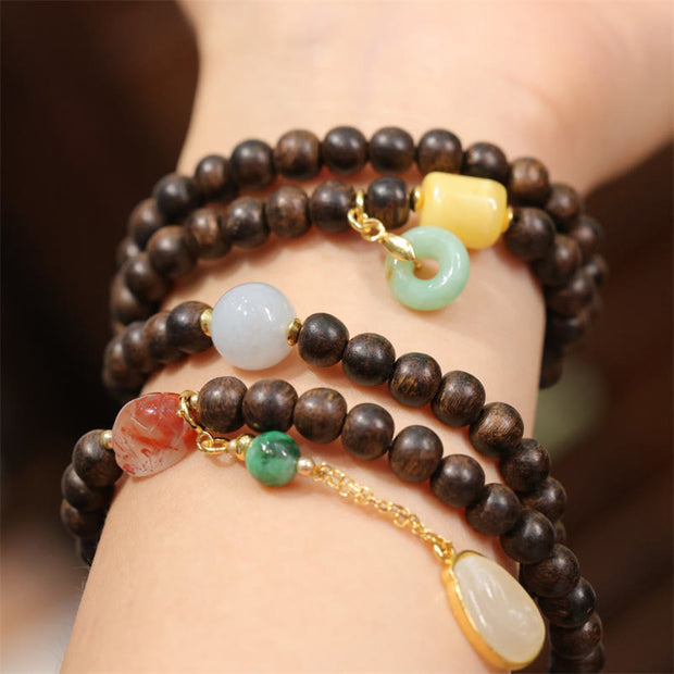 Buddha Stones 108 Mala Beads Brunei Agarwood Amber Red Agate Peace Buckle Jade Peace Bracelet Mala Bracelet BS 2
