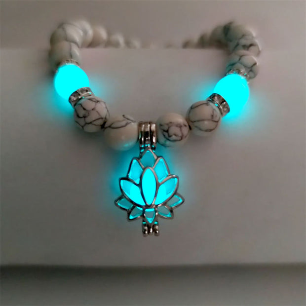 Buddha Stones Tibetan Turquoise Glowstone Luminous Bead Lotus Protection Bracelet Bracelet BS White Turquoise Blue-Green Light