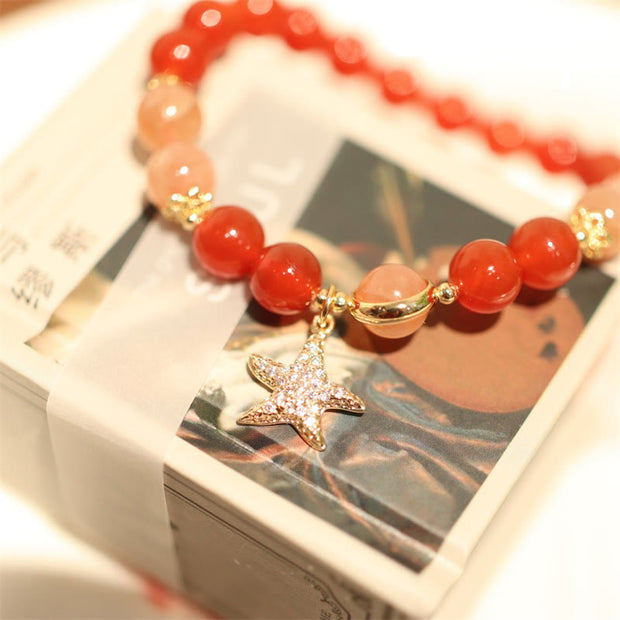 Buddha Stones Sun Stone Peach Moonstone Red Agate Crystal Star Wealth Bracelet Bracelet BS 1