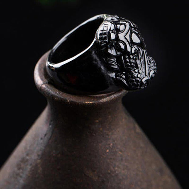 Buddha Stones FengShui PiXiu Black Obsidian Strength Ring Ring BS 5
