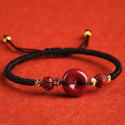 Buddha Stones Handmade Lotus Cinnabar Peace Buckle Blessing Braid Bracelet Bracelet BS Black(Wrist Circumference 14-18cm)