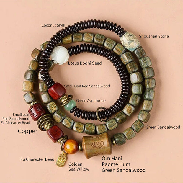 Buddha Stones Green Sandalwood Ebony Om Mani Padme Hum Engraved Peace Triple Wrap Bracelet Bracelet BS 5
