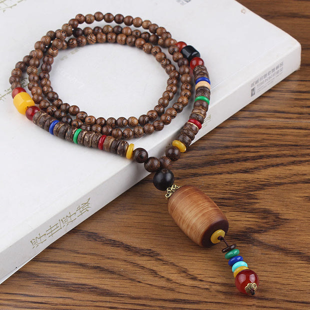 Buddha Stones Tibetan Wenge Wood Bodhi Seed Agate Balance Peace Necklace Pendant Necklaces & Pendants BS Wenge Wood&Brown Cylinder