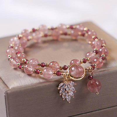 Buddha Stones Natural Strawberry Quartz Love Healing Maple Leaf Charm Double Wrap Bracelet Bracelet BS Strawberry Quartz(Love♥Healing)