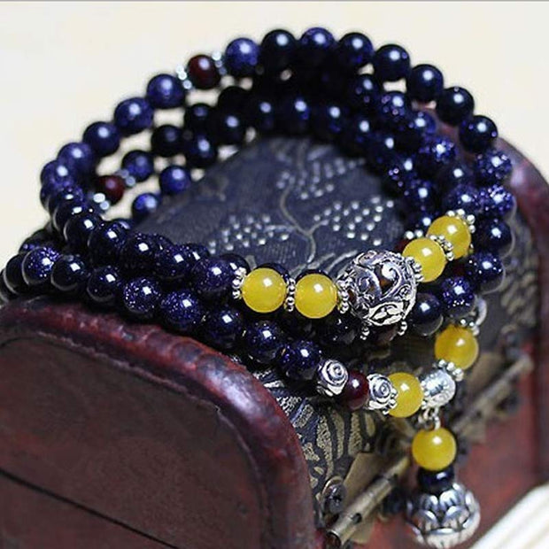 Buddha Stones Blue Sandstone Wealth Charm Bracelet Mala Mala Bracelet BS 6mm*108