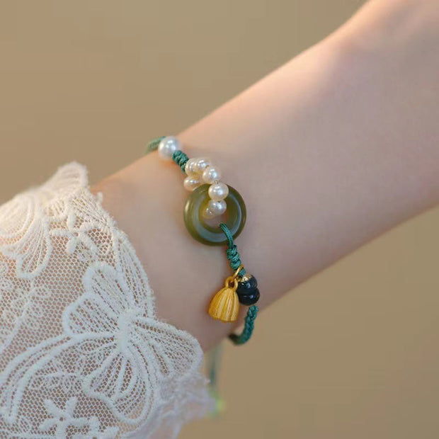 Buddha Stones Natural Hetian Jade Peace Buckle Pearl Luck Handcrafted Braided Bracelet Bracelet BS 2