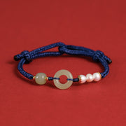 Buddha Stones Natural Hetian Jade Pearl Peace Buckle Luck Bracelet Bracelet BS Navy Blue