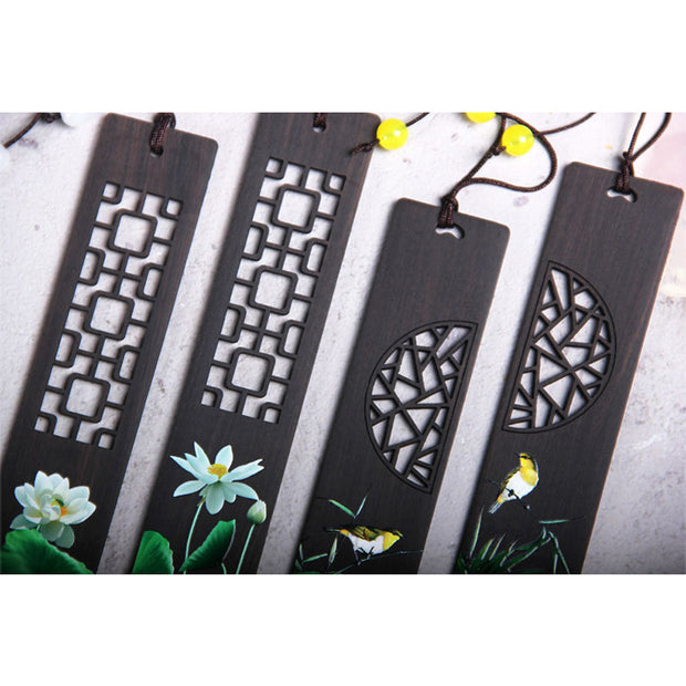 Buddha Stones Green Lotus Bamboo Oriole Ebony Wood Bookmarks With Gift Box Bookmarks BS 11