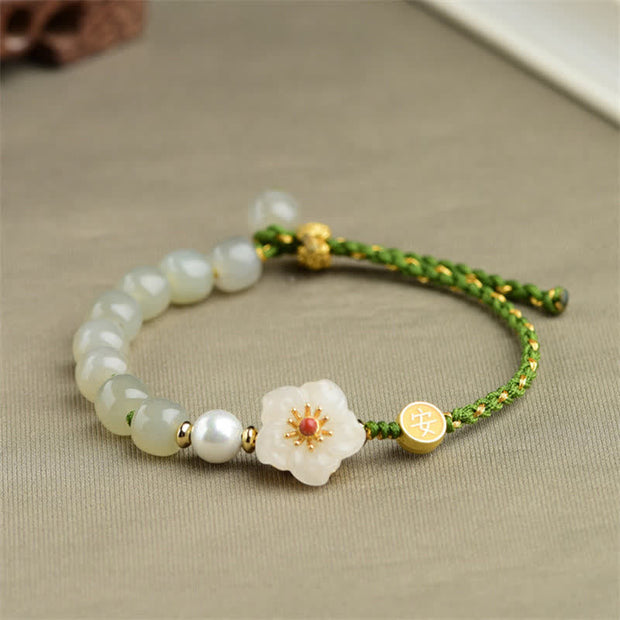 Buddha Stones 925 Sterling Silver Natural Hetian Jade Peach Blossom Luck Bracelet Bracelet BS 3