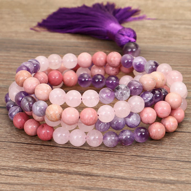 Buddha Stones 108 Mala Beads Amethyst Rose Quartz Spiritual Healing Tassel Bracelet Mala Bracelet BS 9