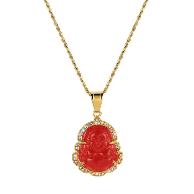 Buddha Stones 18K Gold Filled Laughing Buddha Jade Luck Necklace Chain Pendant Necklaces & Pendants BS Red
