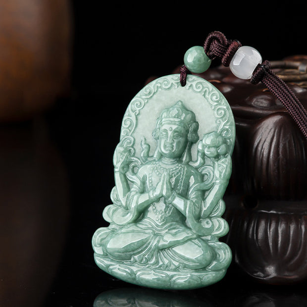 Buddha Stones Four-armed Avalokitesvara Natural Jade Amulet Blessing String Necklace Necklaces & Pendants BS 6