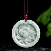 Buddha Stones Natural Jade Lotus Flower Carved Prosperity Necklace Pendant Necklaces & Pendants BS 8