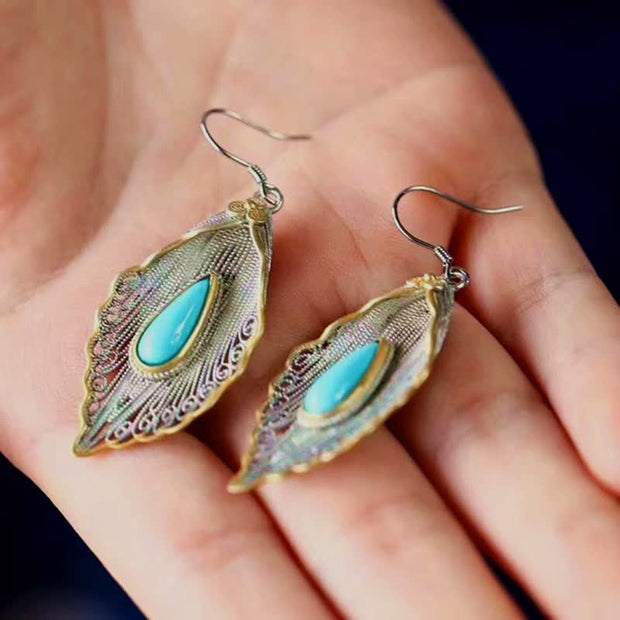 Buddha Stones 925 Sterling Silver Turquoise Bodhi Leaf Pattern Protection Drop Dangle Earrings Earrings BS 3