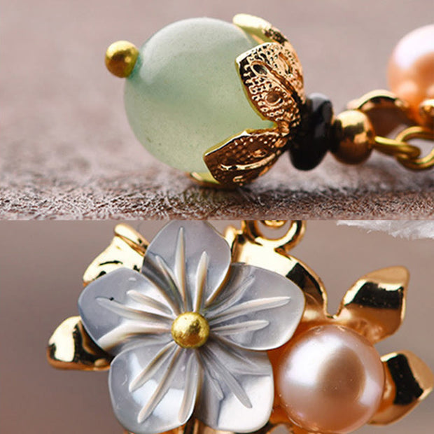 Buddha Stones 14K Gold Plated Tridacna Stone Flower Pearl Green Aventurine Bead Drop Earrings Earrings BS 5