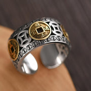 Buddha Stones Five-Emperor Coins Balance Adjustable Ring Rings BS 2