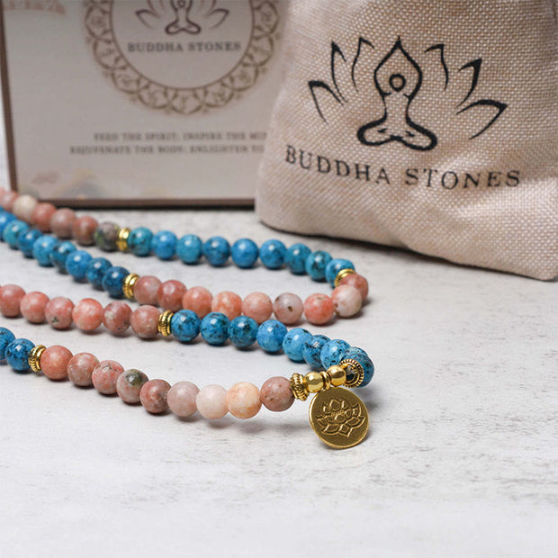 Buddha Stones 108 Mala Beads Apatite Red Stone Lotus Meditation Prayer Bead Bracelet Mala Bracelet BS 3