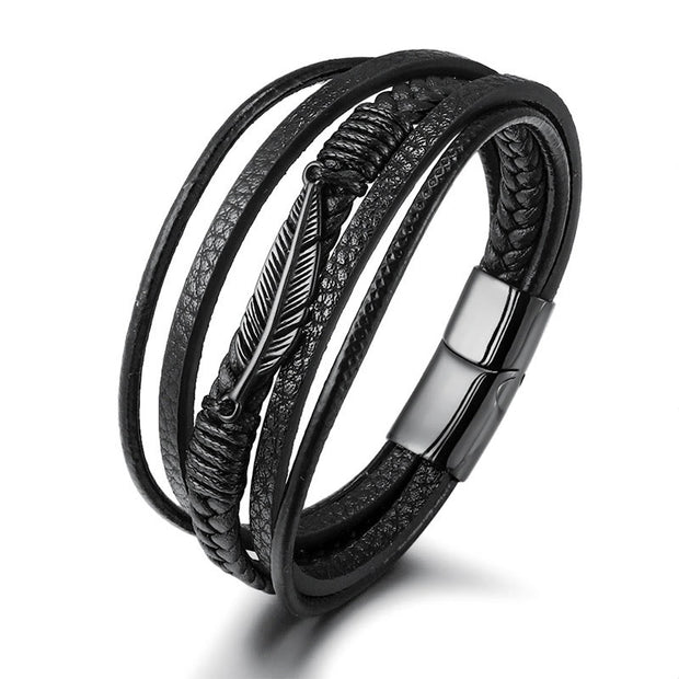 Buddha Stones Feather Pattern Multilayer Leather Titanium Steel Calm Braided Magnetic Buckle Bracelet