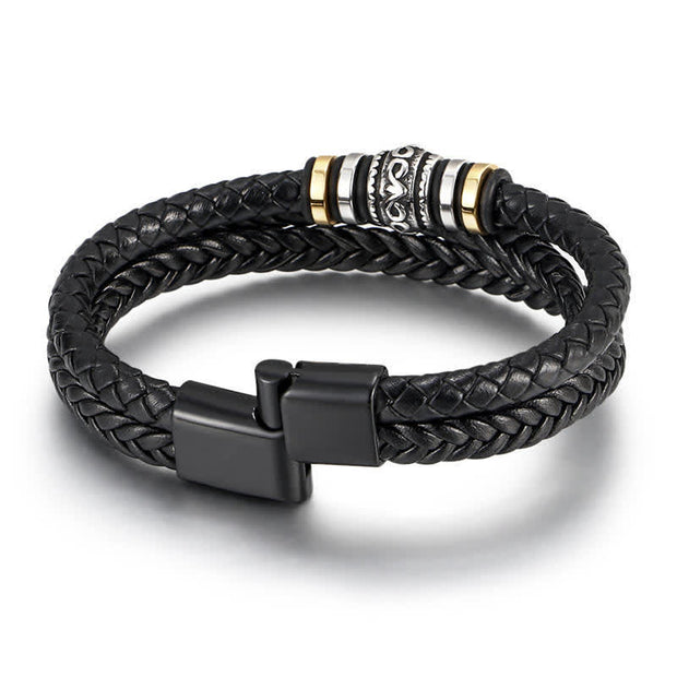 Buddha Stones Leather Layered Titanium Steel Balance Braided Bracelet