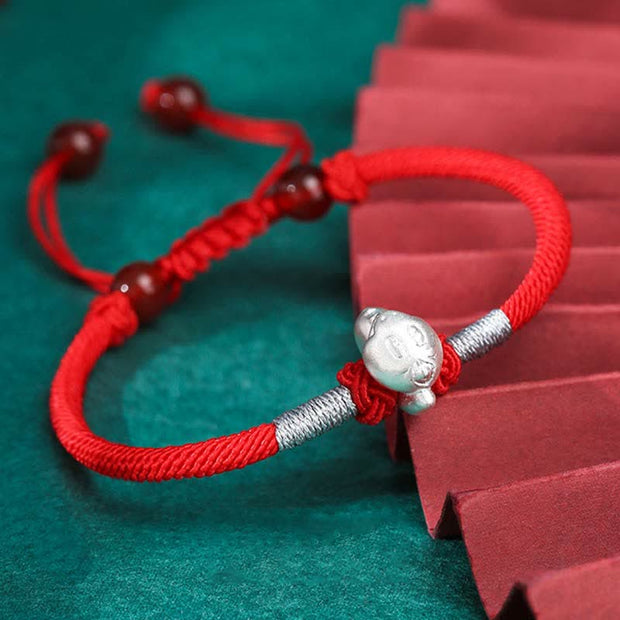 Buddha Stones 999 Sterling Silver Chinese Zodiac Luck Strength Red String Bracelet Bracelet BS Snake(Bracelet Size 15.5cm+8cm)