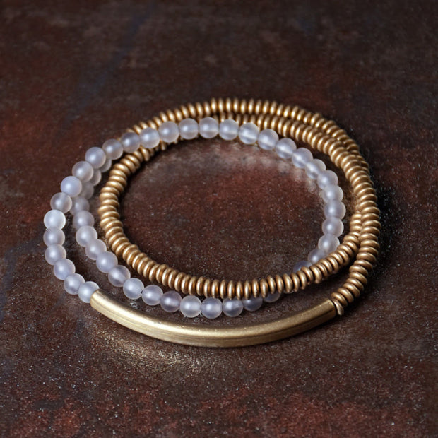 Buddha Stones Tibetan Various Agate Stone Copper Protection Triple Wrap Bracelet Bracelet BS 18cm White Agate