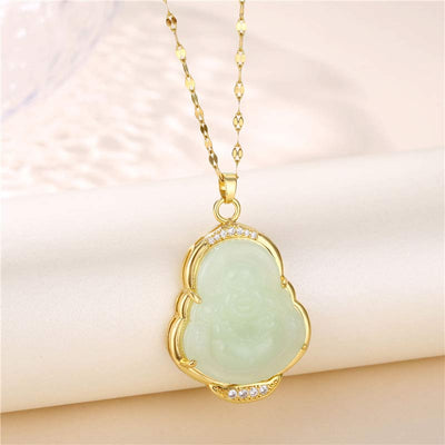 Buddha Stones Laughing Buddha Jade Wealth Necklace Chain Pendant Necklaces & Pendants BS Jade