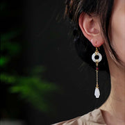 925 Sterling Silver White Jade Peace Buckle Flower Blessing Drop Earrings Earrings BS 4