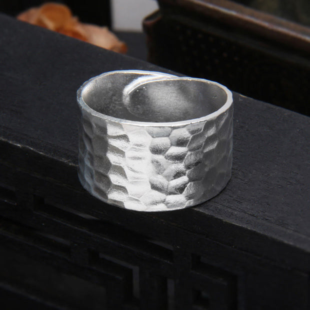 Buddha Stones Tibetan 990 Sterling Silver Handmade Rustic Hammered Pattern Ring Ring BS 990 Sterling Silver