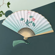 Buddha Stones Retro Lotus Flower Leaf Mountain Lake Handheld Folding Fan With Bamboo Frames