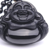 Buddha Stones Laughing Buddha Black Obsidian Transformation Pendant Necklace Necklaces & Pendants BS 7