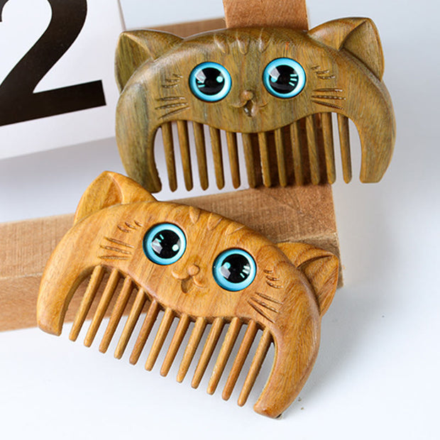 Buddha Stones Simple Cat Pattern Green Sandalwood Cure Portable Comb Comb BS 2