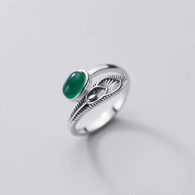 Buddha Stones 925 Sterling Silver Jade Feather Prosperity Adjustable Ring Rings BS 3