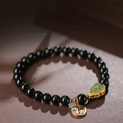 Buddha Stones Natural Black Obsidian Hetian Jade Gourd Double Happiness Strength Bracelet Bracelet BS 2