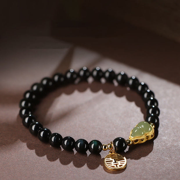 Buddha Stones Natural Black Obsidian Hetian Jade Gourd Double Happiness Strength Bracelet Bracelet BS 2