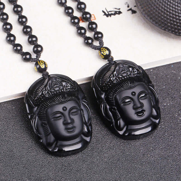 Buddha Stones Natural Black Obsidian Kwan Yin Avalokitesvara Strength String Necklace Pendant Necklaces & Pendants BS 1