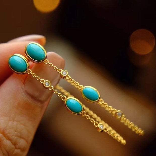 Buddha Stones Retro Turquoise Bead Protection Drop Long Tassel Earrings Earrings BS 2