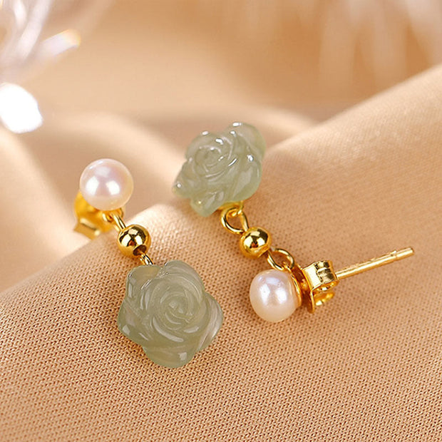 Buddha Stones 925 Sterling Silver Plated Gold Jade Rose Flower Cyan Jade Pearl Luck Earrings Earrings BS 12