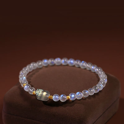 Buddha Stones 925 Sterling Silver Plated Gold Natural Moonstone PiXiu Healing Bracelet Bracelet BS Moonstone(Love♥Calm)
