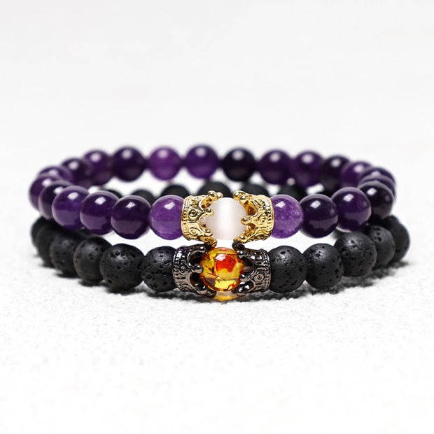 Buddha Stones Natural Stone King&Queen Crown Healing Energy Beads Couple Bracelet Bracelet BS 3