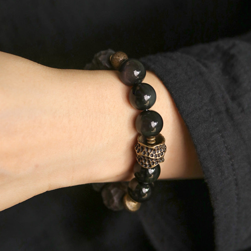 Buddha Stones Black Obsidian Ebony Wood Copper Strength